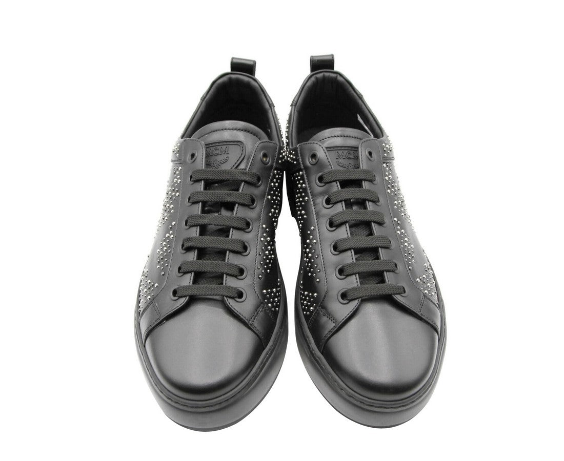 MCM Men's Black Leather Silver Studded Low Top Sneakers