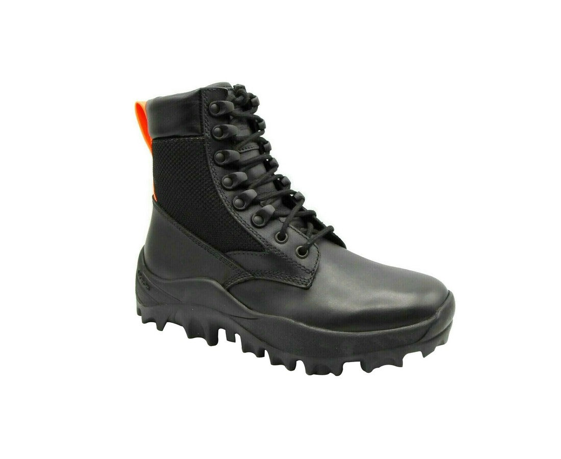 Stylish MCM men's black leather combat boots with reflective patches and vibrant orange pull tabs, crafted in Italy.