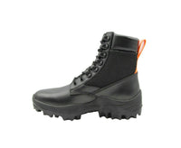 Stylish MCM men's black leather combat boots with reflective patches and a bold orange pull tab for easy wear.