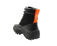 Stylish MCM men's black leather combat boots with reflective patches and a vibrant orange pull tab for easy wear.