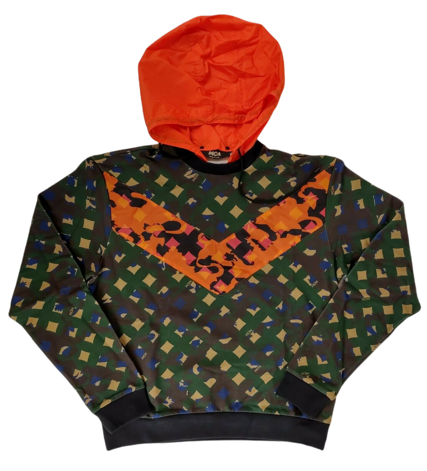 MCM Men's Jungle Green Cotton Camo Lion Nylon Hood Sweatshirt