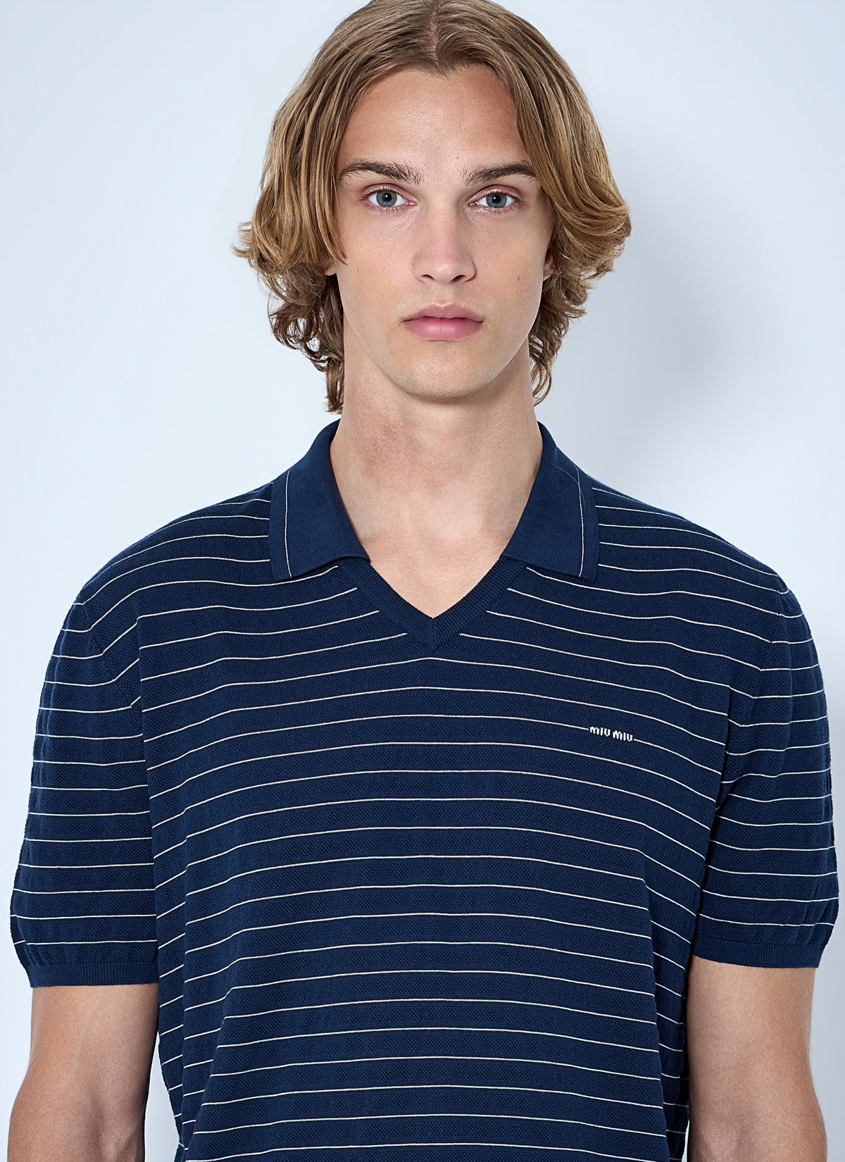 Miu Miu Men Striped V-Neck Polo Shirt
