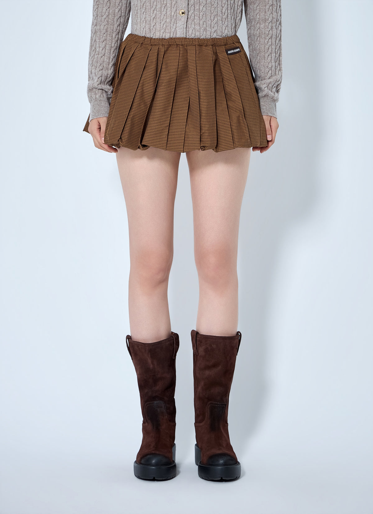 Miu Miu Women Pleated Gingham Check Mini Skirt