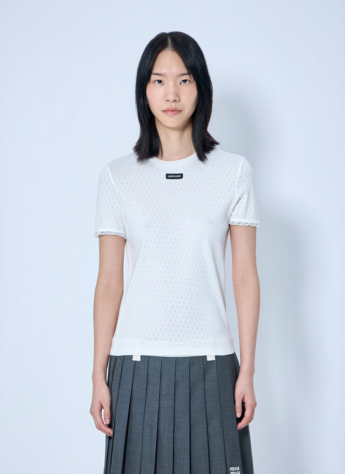 Miu Miu Miu Miu Women Lace-Trim Logo-Patch T-Shirt