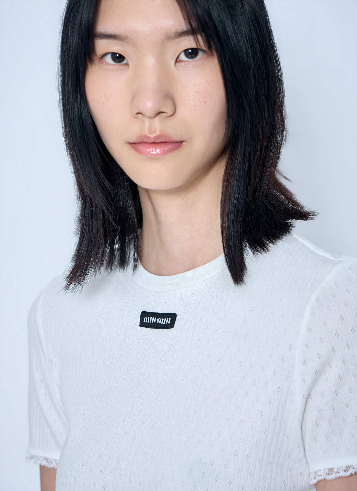 Miu Miu Miu Miu Women Lace-Trim Logo-Patch T-Shirt
