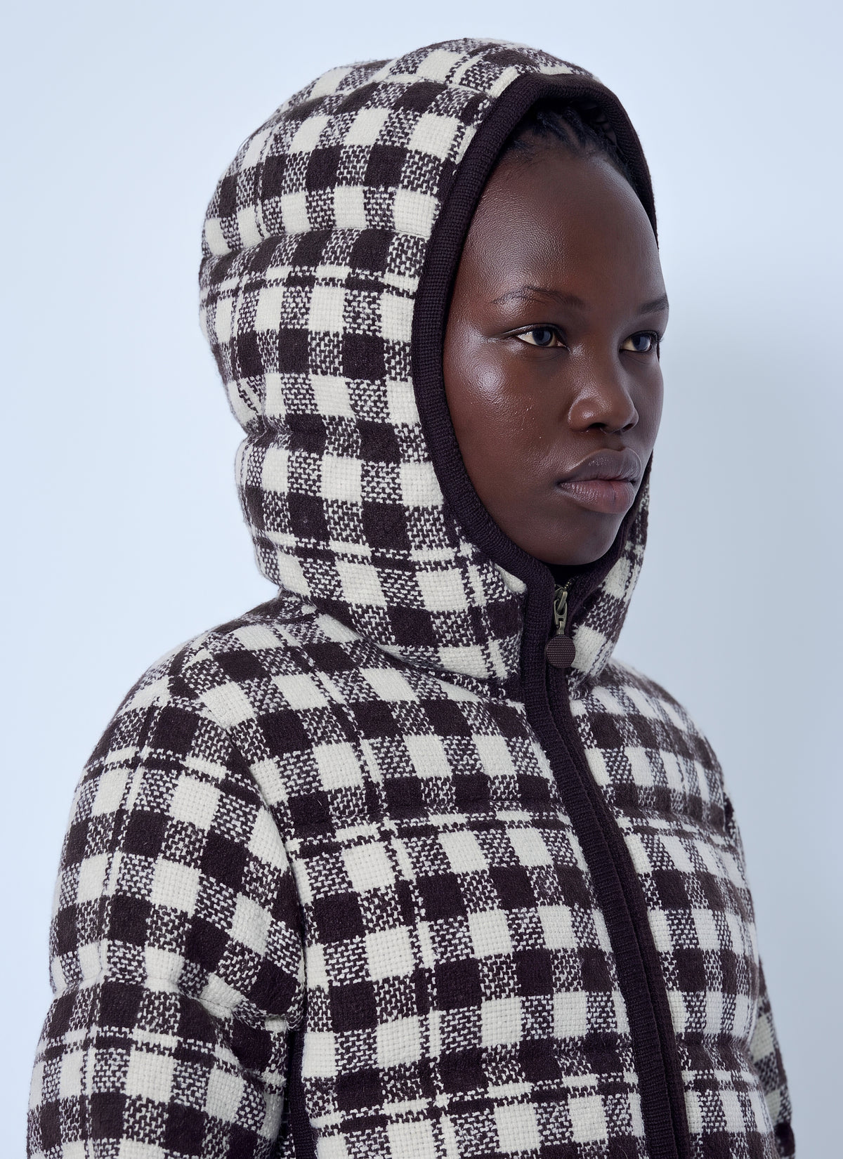 Moncler Women Abstraction Hooded Wool Blend Short Down Jacket