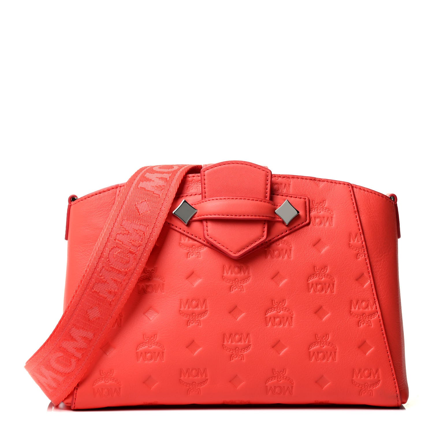 MCM Hot Coral Monogram Leather Small Essential Crossbody Bag