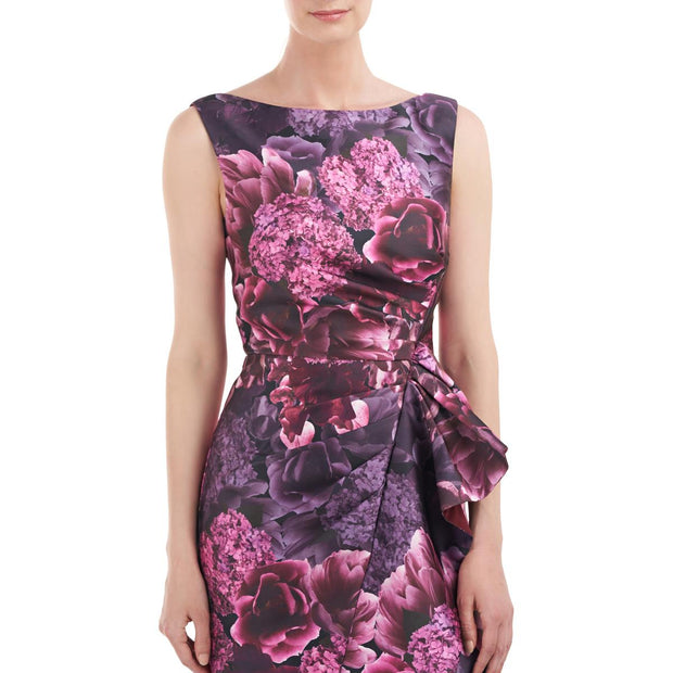 Womens Floral Cascade Ruffle Evening Dress