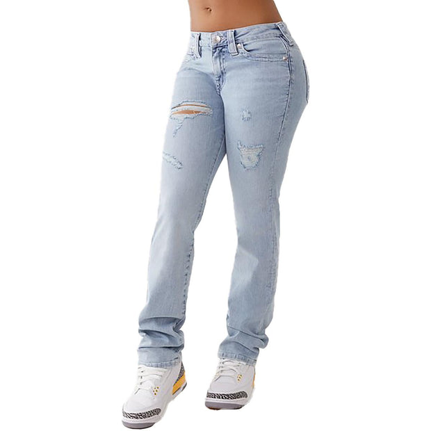 Billie Womens Mid-Rise Destroyed Straight Leg Jeans