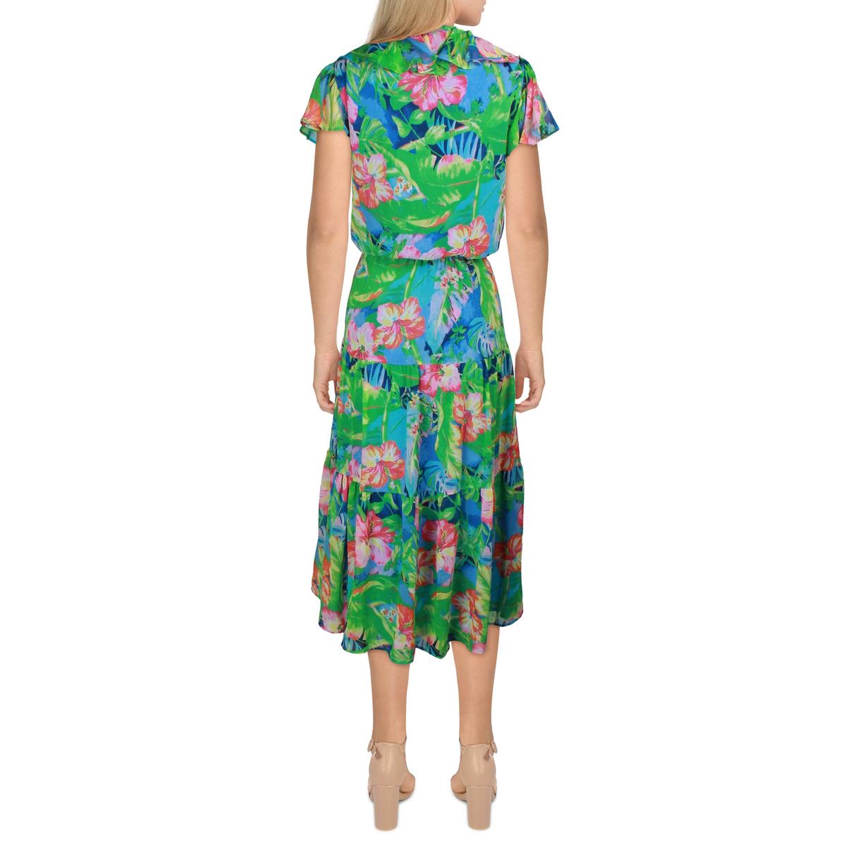Womens Floral Ruffle Sleeve Midi Dress