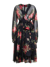 Dolce & Gabbana Women Black Rose Bouquet Printed Chiffon Dress