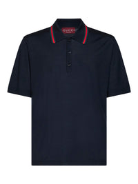 Gucci Men Dark Blue Wool Knit Polo With Web Pattern