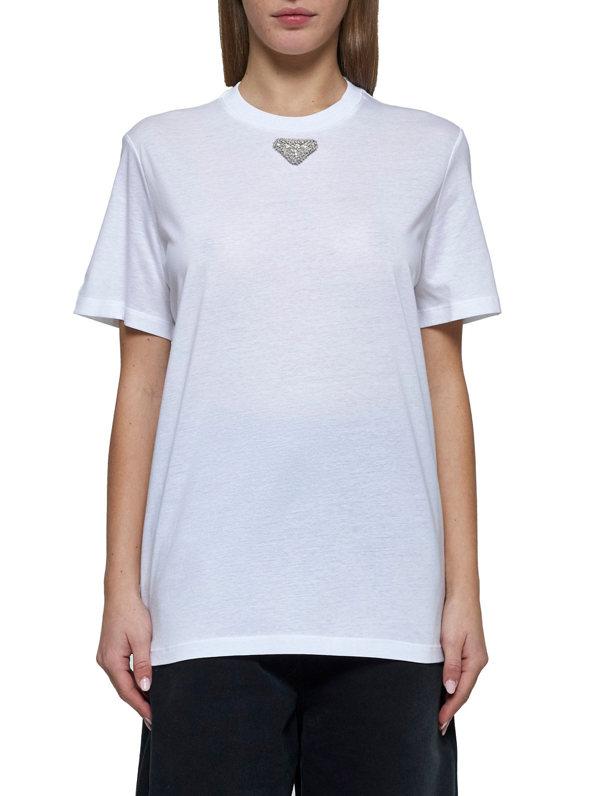 Prada Abbigliamento Women Rhinestones Plaque Cotton T-Shirt