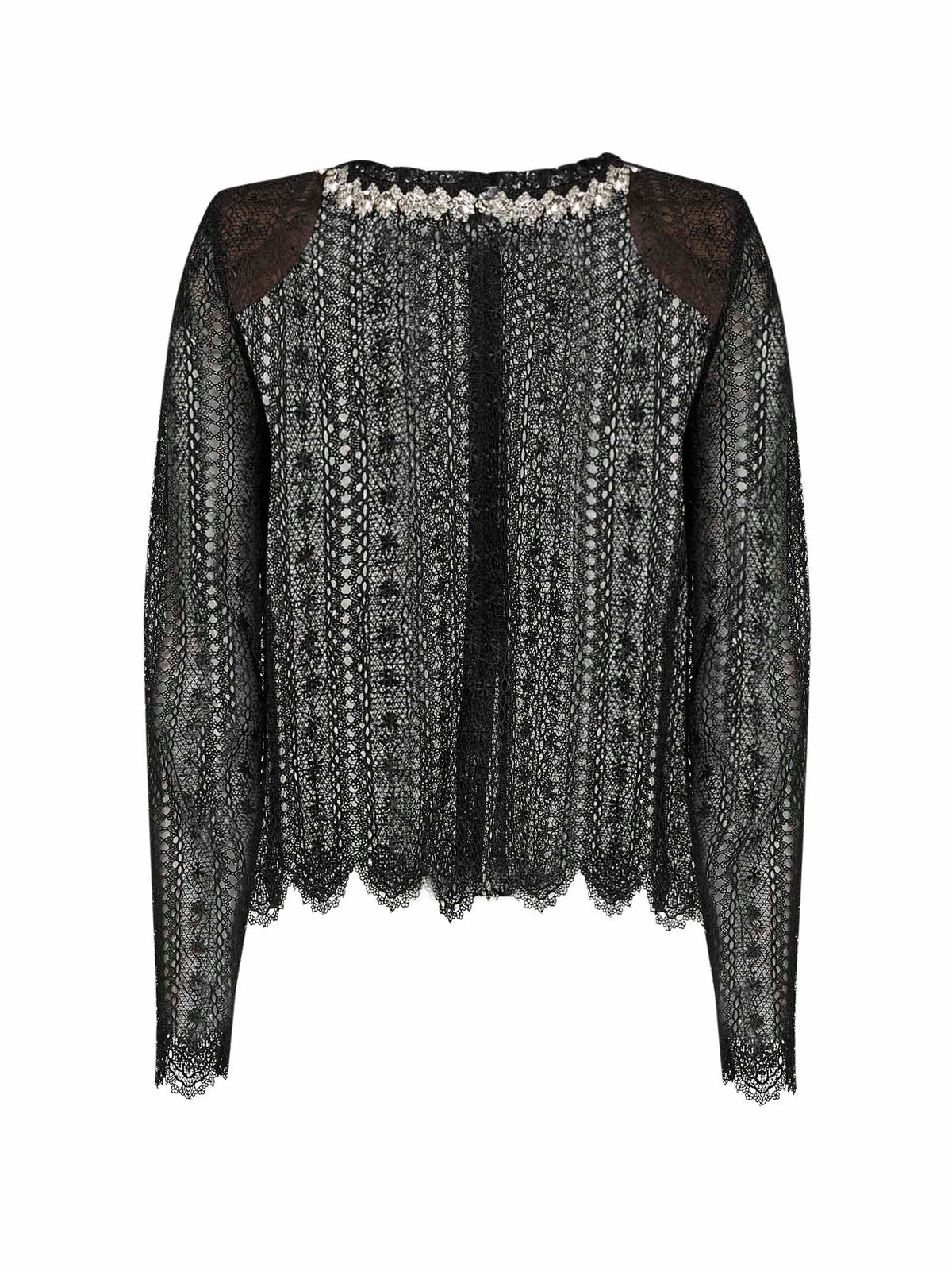 Self Portrait Women Black Organza Lace Crystal-Embellished Top