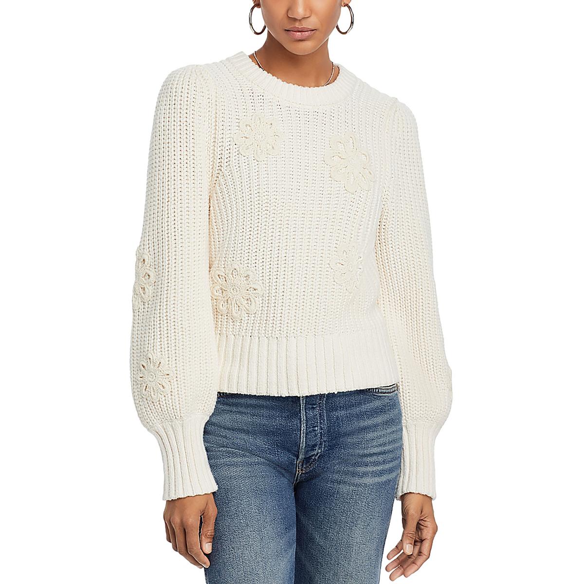 Romy Womens Crochet Cable Knit Crewneck Sweater Regular 12 (L) Ivory Crochet Daisys