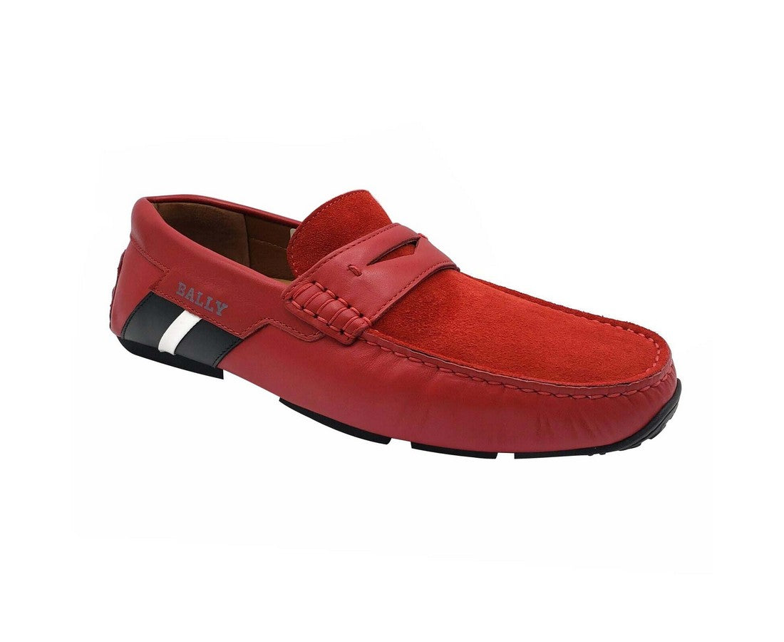 Bally Men's Red Piotre Leather / Suede With Black / White Web Logo Slip On Loafer Shoes