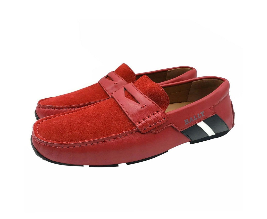 Bally Men's Red Piotre Leather / Suede With Black / White Web Logo Slip On Loafer Shoes
