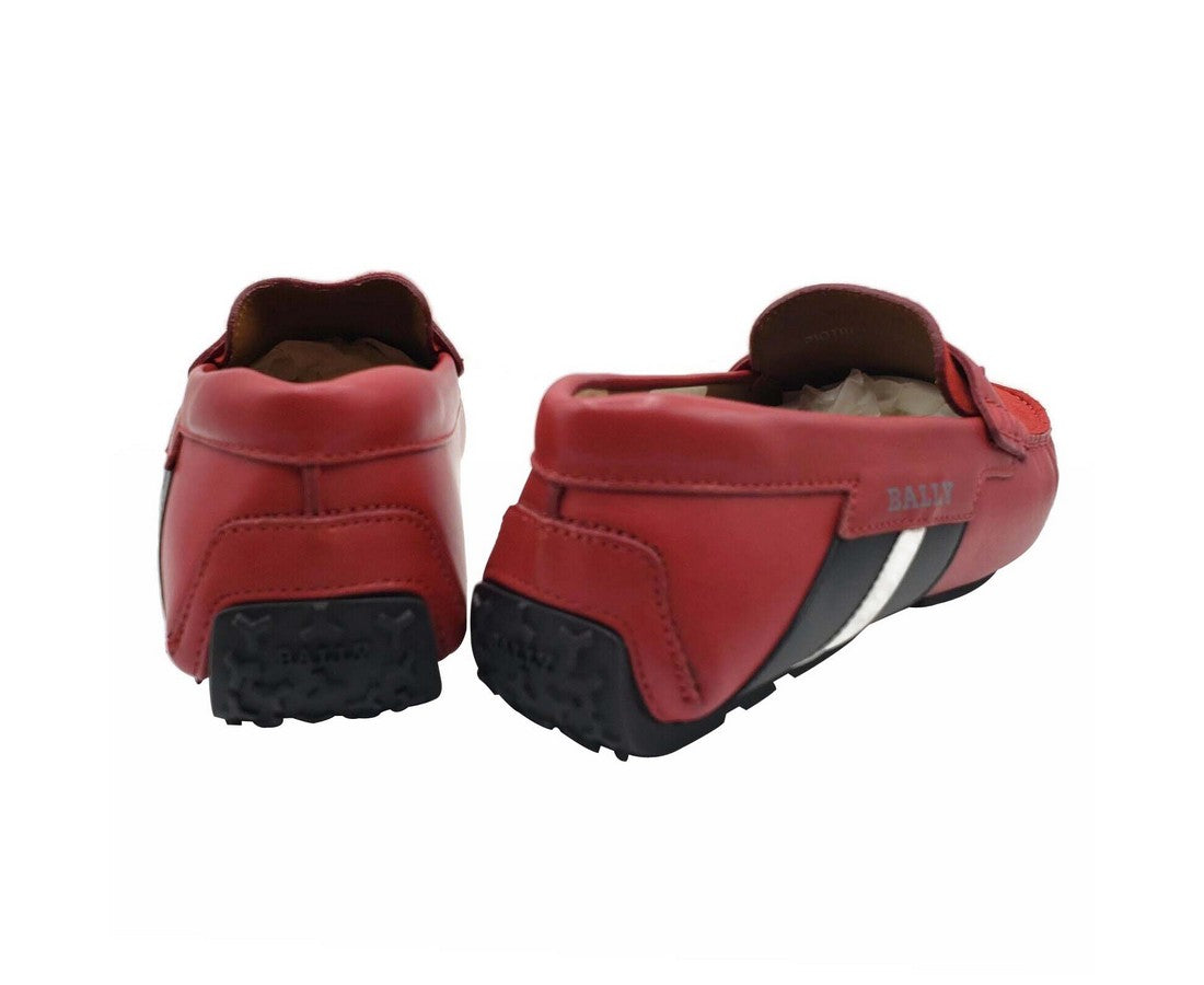 Bally Men's Red Piotre Leather / Suede With Black / White Web Logo Slip On Loafer Shoes