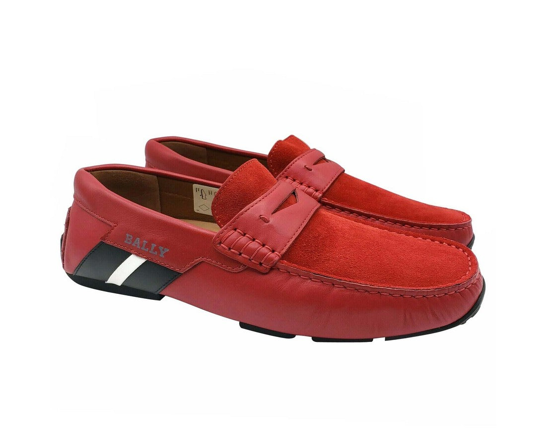 Bally Men's Red Piotre Leather / Suede With Black / White Web Logo Slip On Loafer Shoes