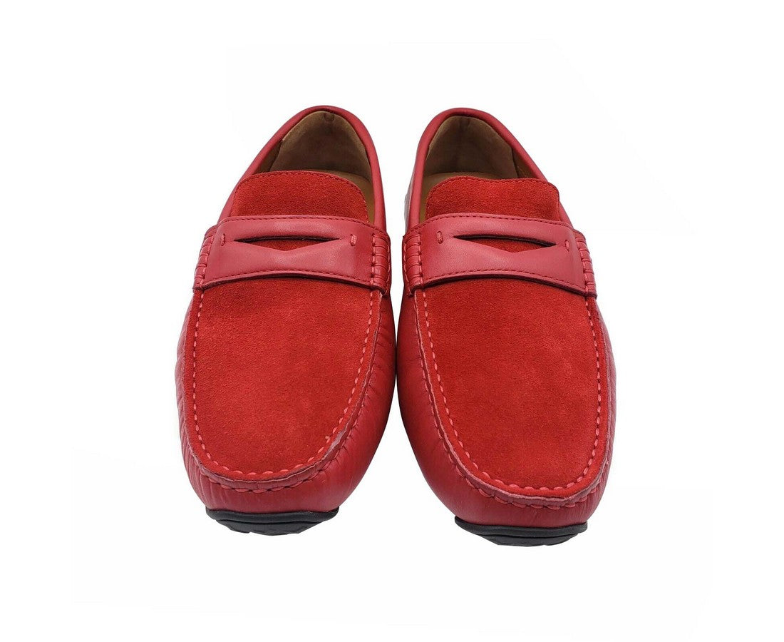 Bally Men's Red Piotre Leather / Suede With Black / White Web Logo Slip On Loafer Shoes