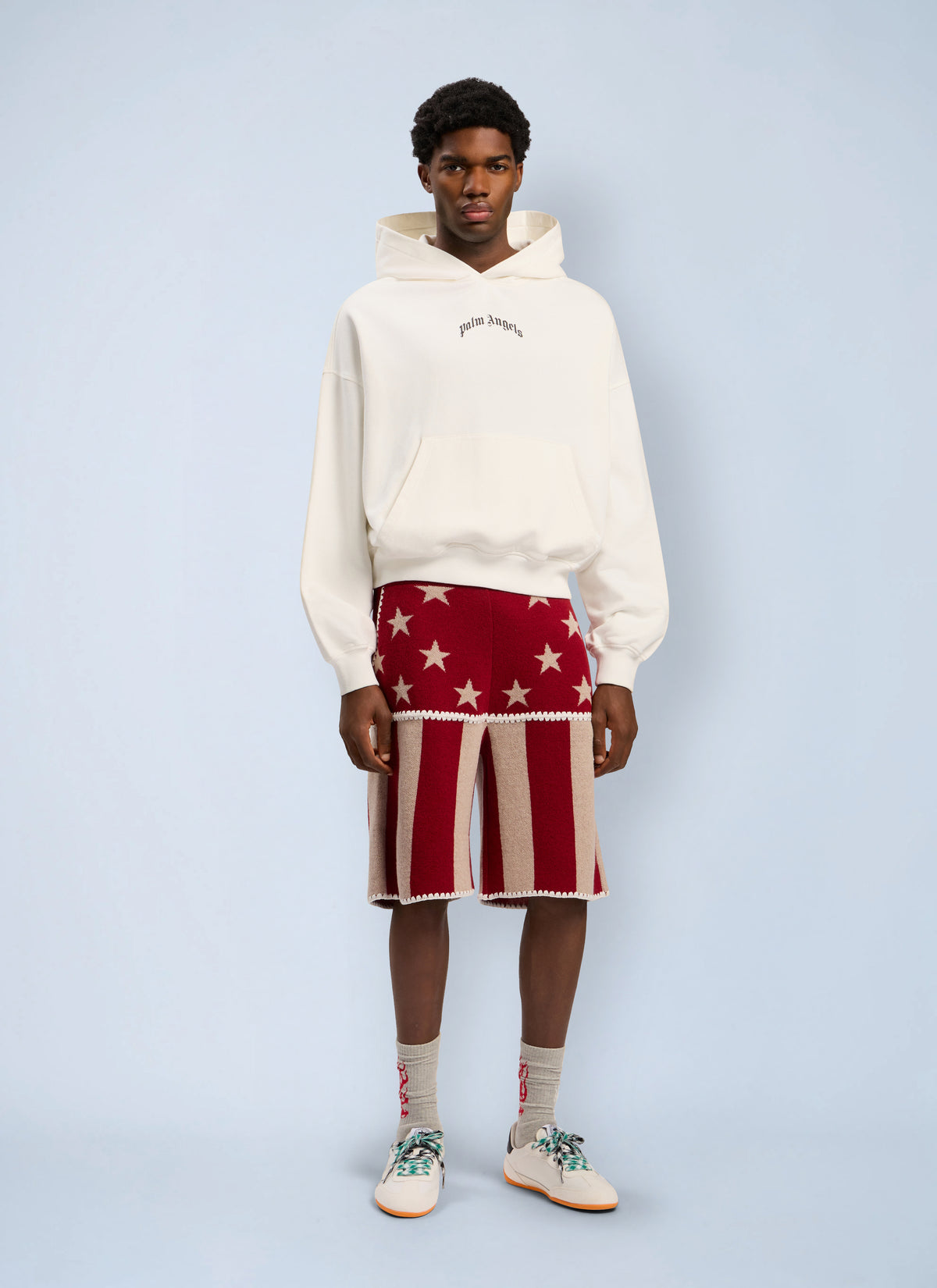 Palm Angels Men Back Curved Logo Loose Hooded Sweatshirt