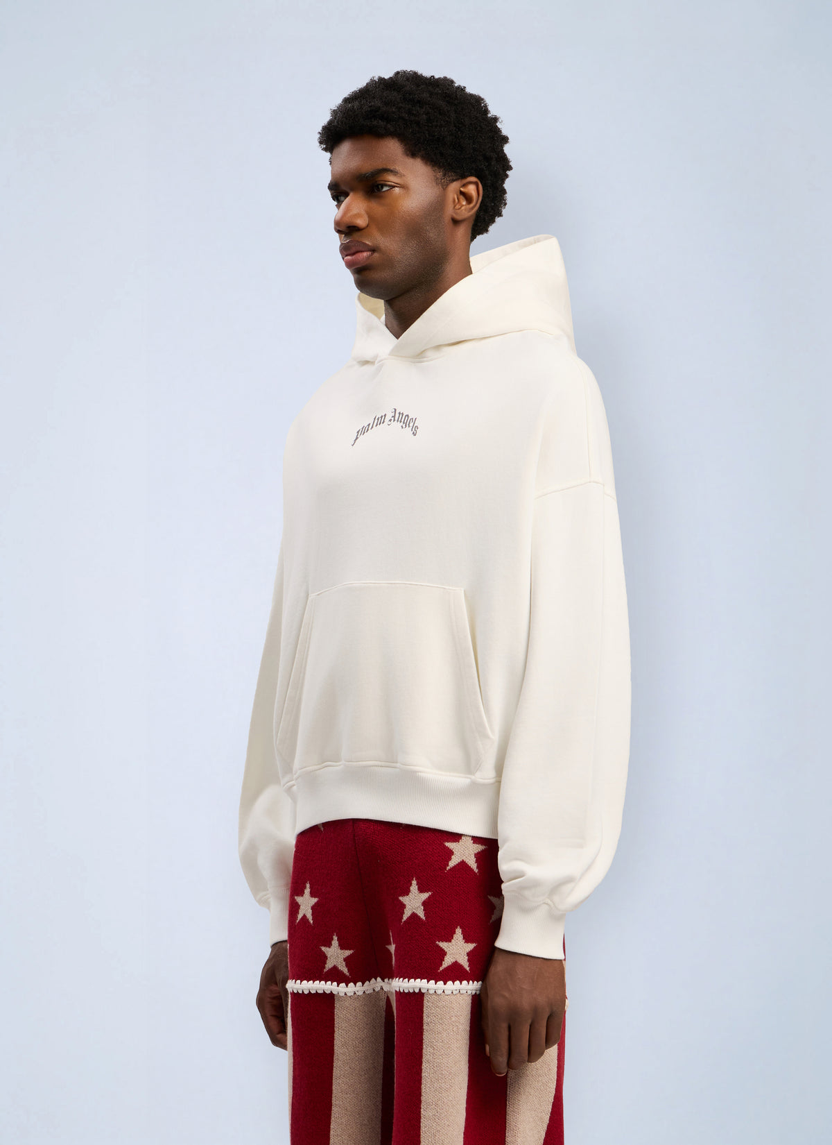 Palm Angels Men Back Curved Logo Loose Hooded Sweatshirt