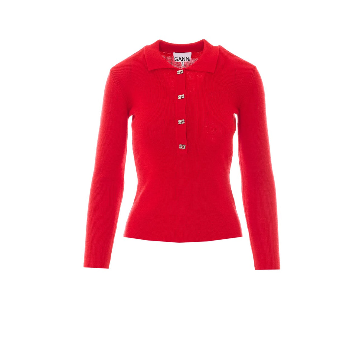 Ganni Women Polo Shirt In Red Merino With Logo Buttons