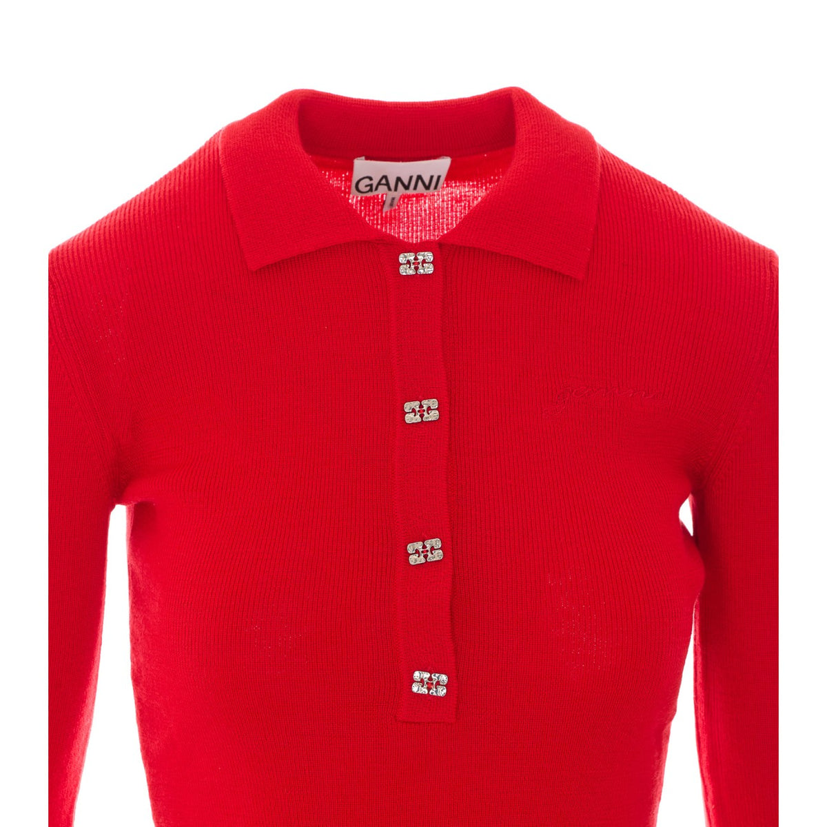 Ganni Women Polo Shirt In Red Merino With Logo Buttons
