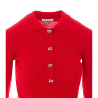 Ganni Women Polo Shirt In Red Merino With Logo Buttons