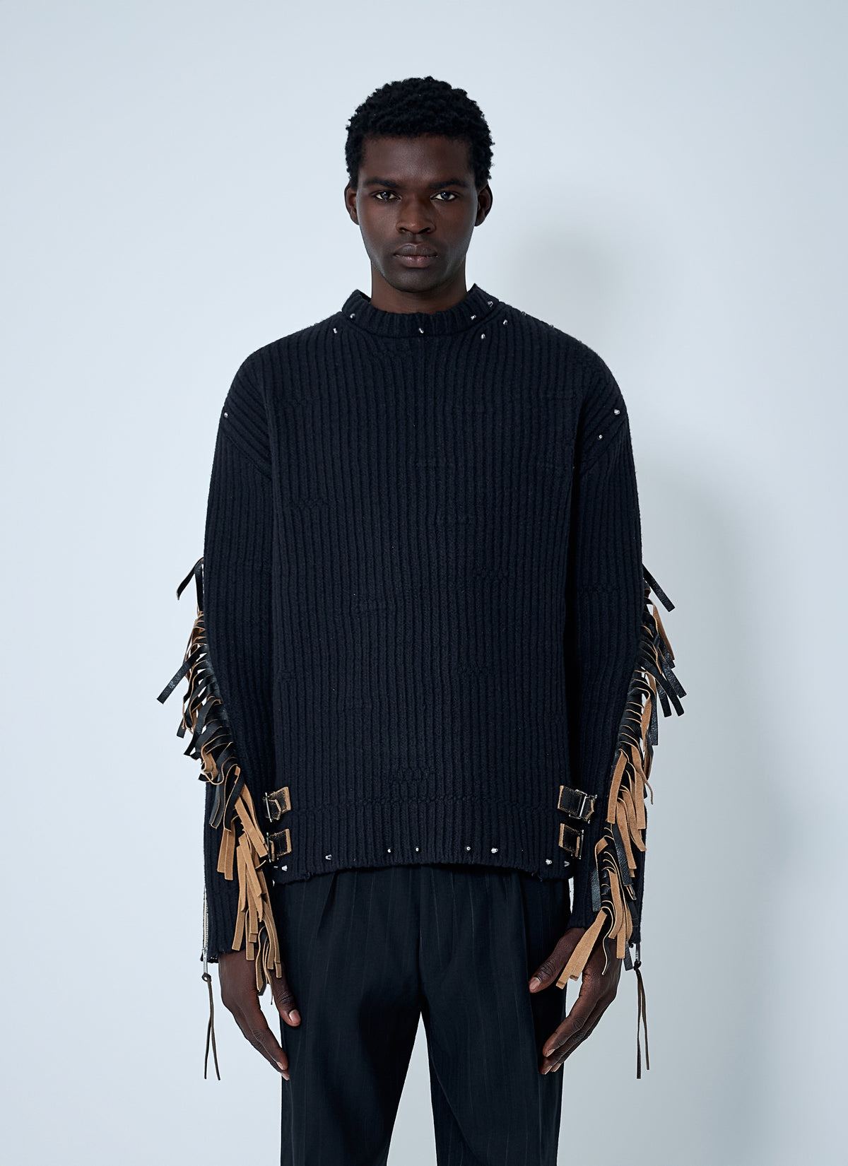 Prada Prada Men Leather Embellished Wool Sweater