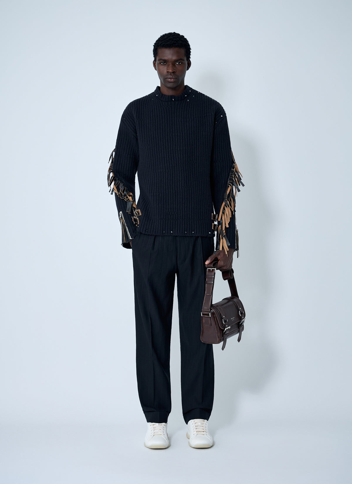 Prada Prada Men Leather Embellished Wool Sweater