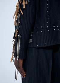 Prada Prada Men Leather Embellished Wool Sweater