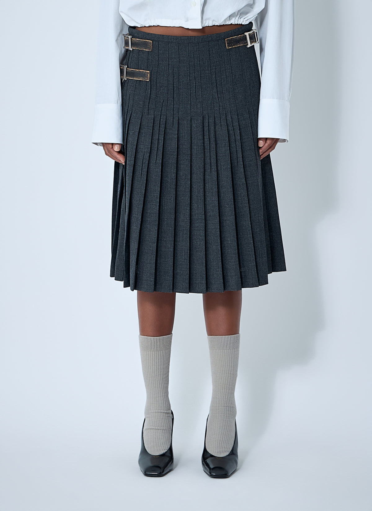 Prada Women Pleated Rush Stitch Skirt With Belt