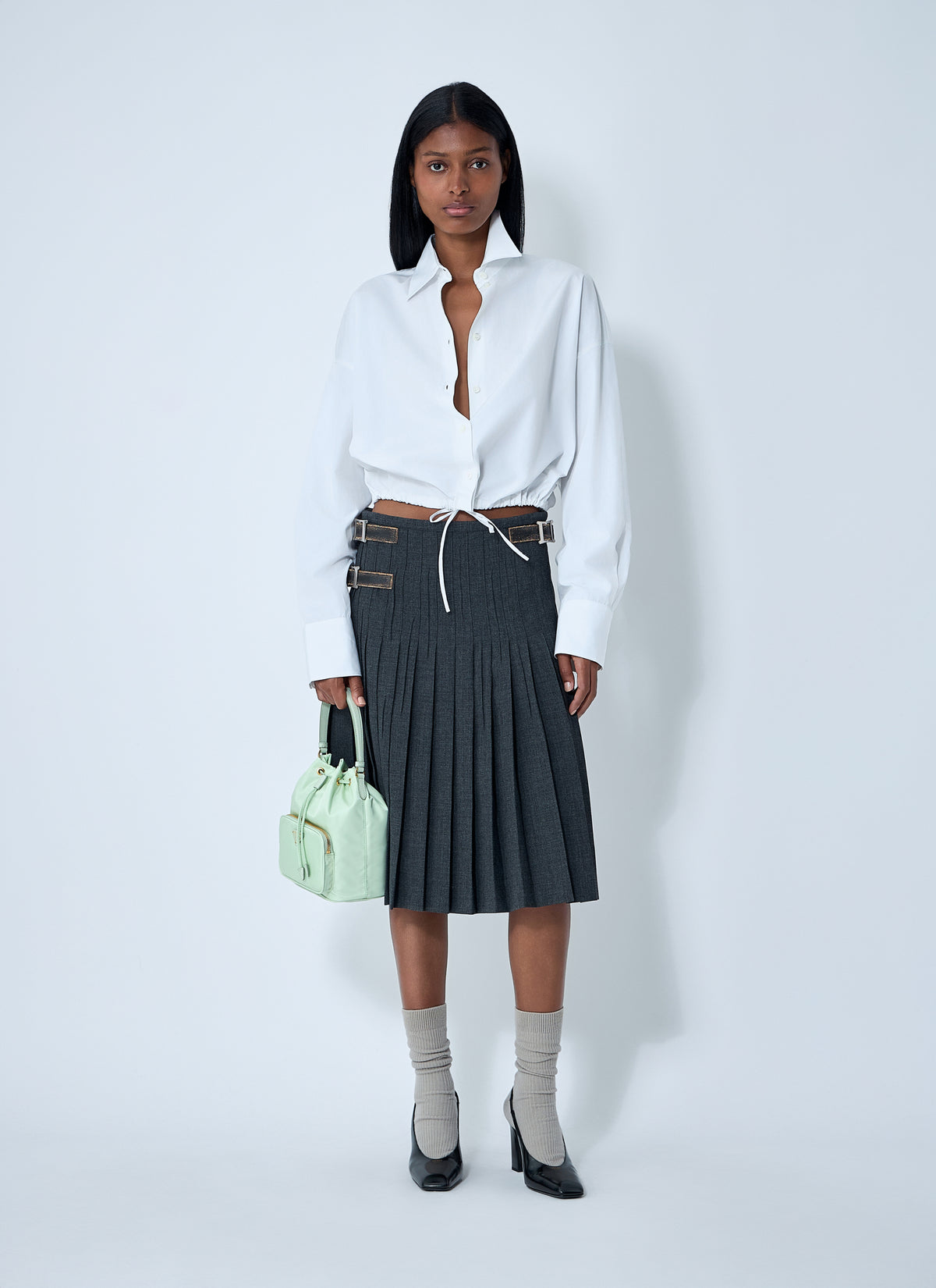 Prada Women Pleated Rush Stitch Skirt With Belt