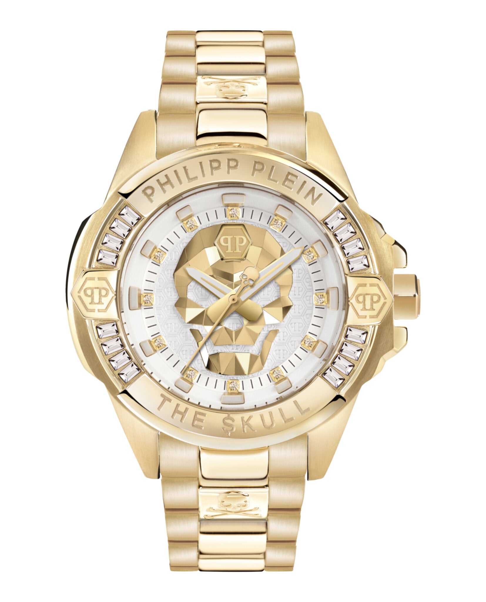 Philipp Plein Mens The $kull 46mm Strap Fashion Watch IP Yellow Gold