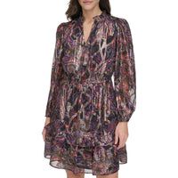 Petites Womens Metallic Ruffled Mini Dress Petite 0 (XS) Black Multi