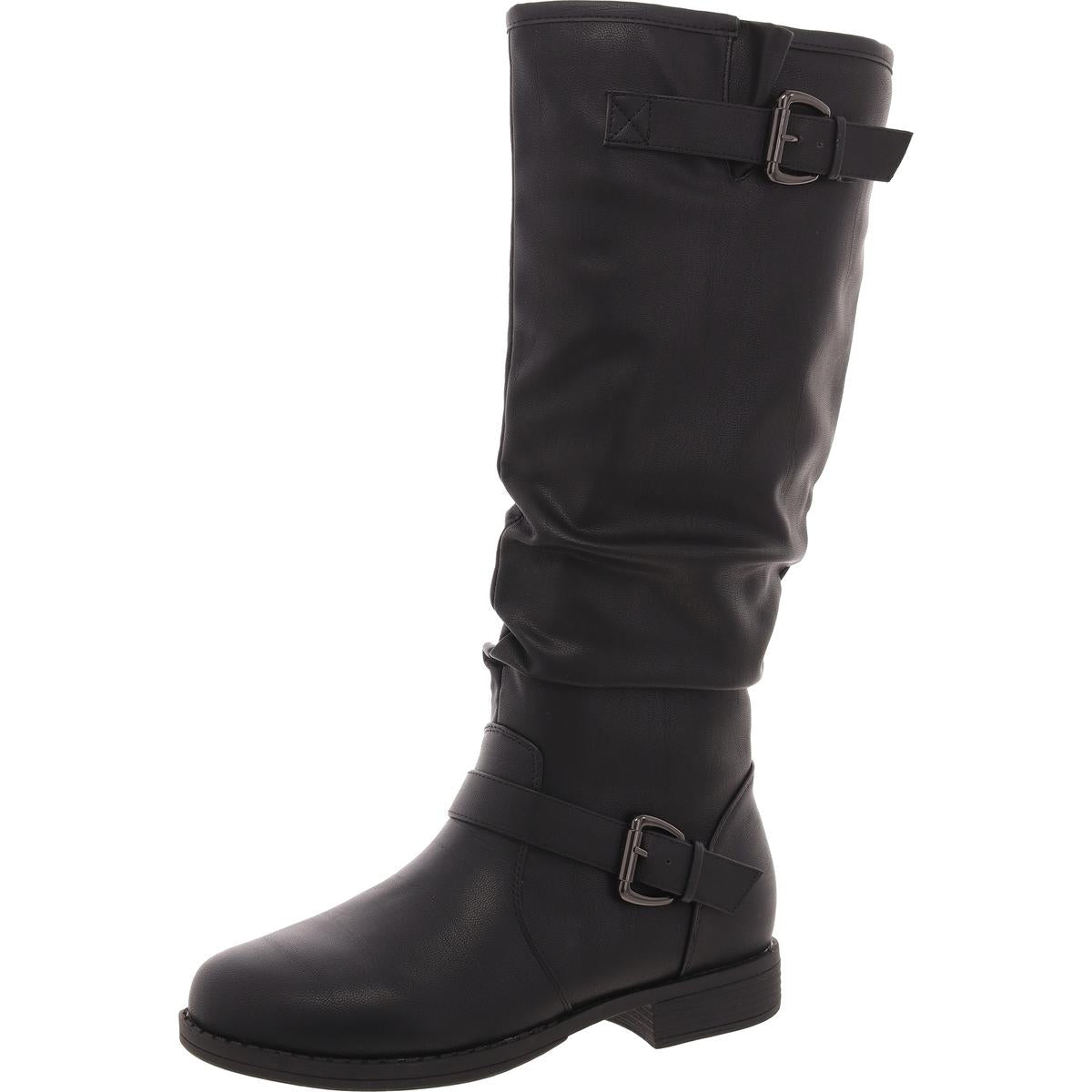 Womens Buckle Faux Leather Knee-High Boots