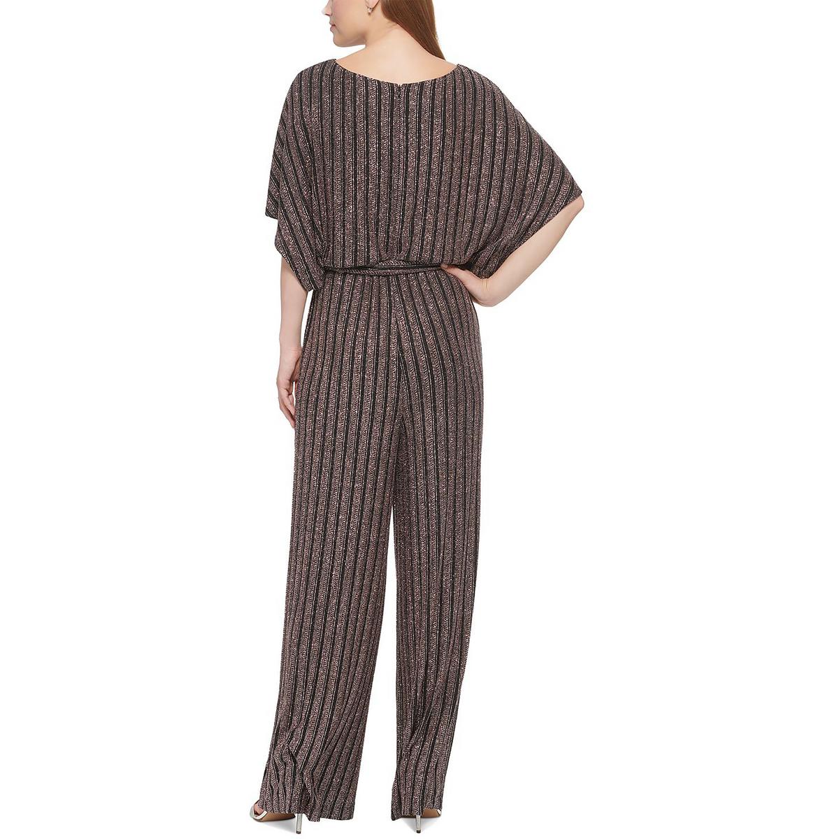 Petites Womens Knit Glitter Striped Jumpsuit