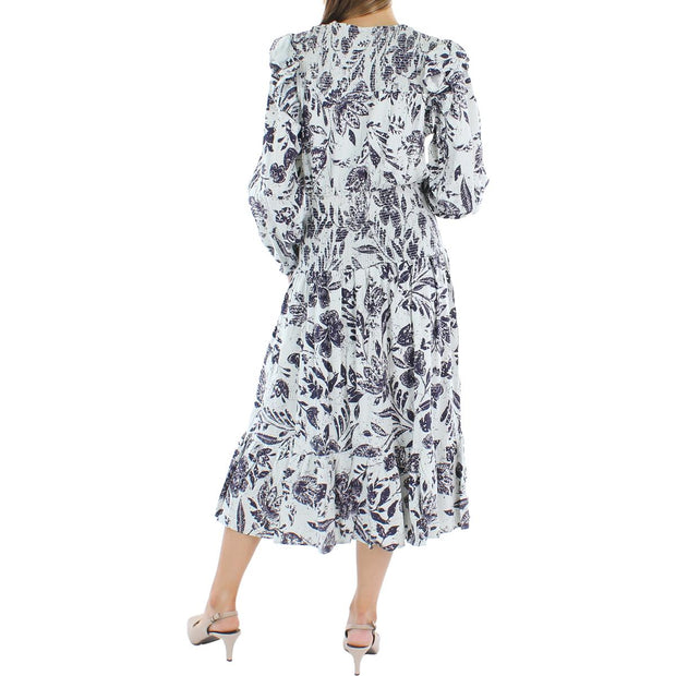 Womens Linen Blend Smocked Midi Dress
