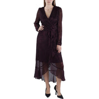 Womens Metallic Chiffon Midi Dress Black Burgundy