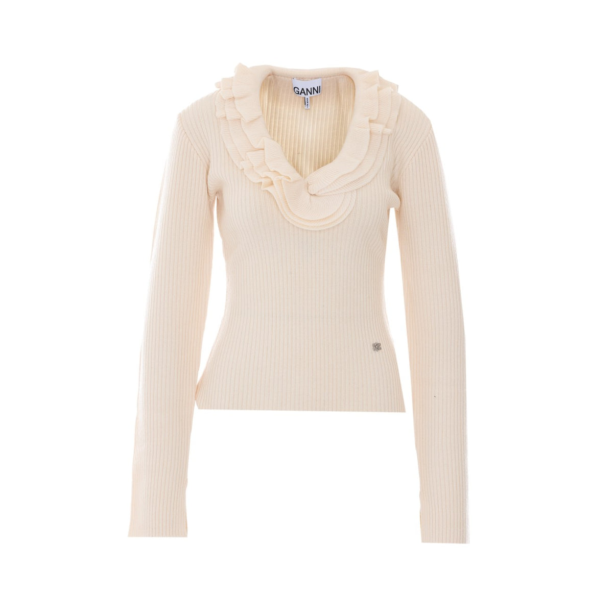 Ganni Ganni Women Ribbed Merino Top With Logo And Ruches