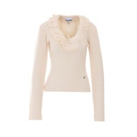 Ganni Ganni Women Ribbed Merino Top With Logo And Ruches