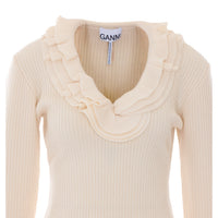 Ganni Ganni Women Ribbed Merino Top With Logo And Ruches
