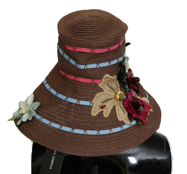Dolce  Gabbana Brown Knitted Straw Floral Hat