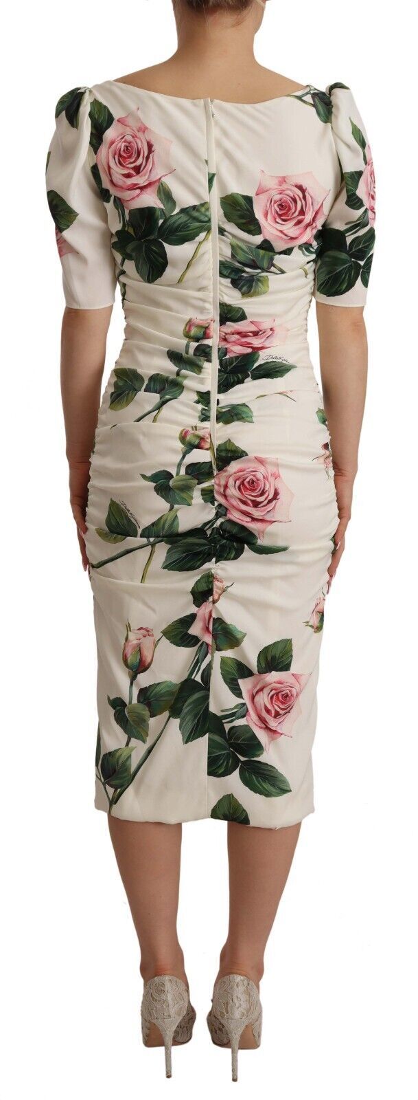 Dolce & Gabbana White Roses Print Stretch Silk Pleated Women's Dress