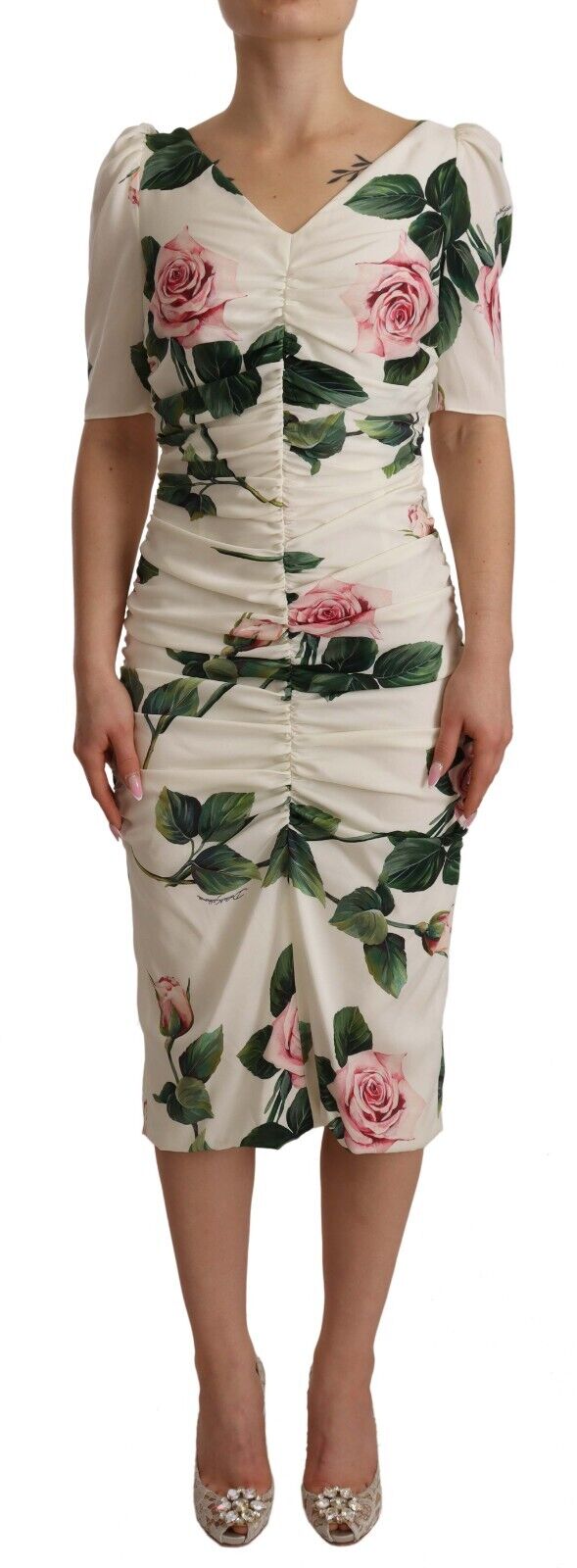 Dolce & Gabbana White Roses Print Stretch Silk Pleated Women's Dress