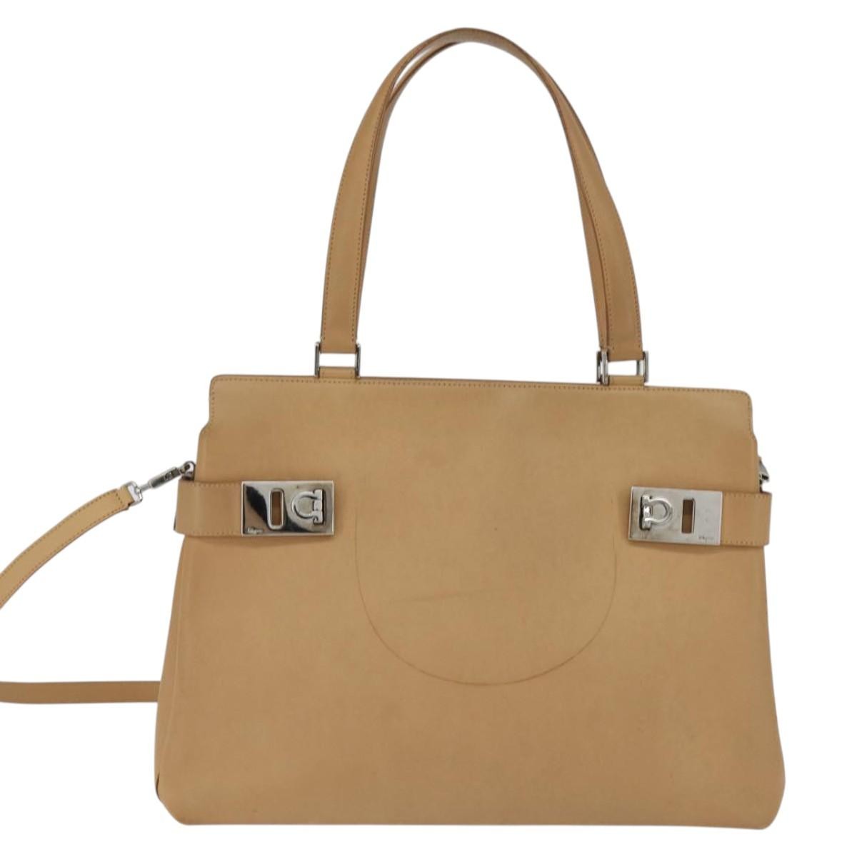 Salvatore Ferragamo Gancini Tote Leather Beige Leather Tote Bag Bag (Authentic Pre-Loved)
