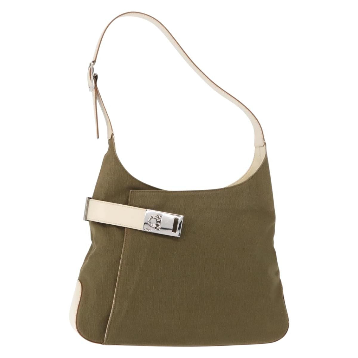 Salvatore Ferragamo Gancini Shoulder Bag Canvas Khaki Canvas Shoulder Bag Bag (Authentic Pre-Loved)