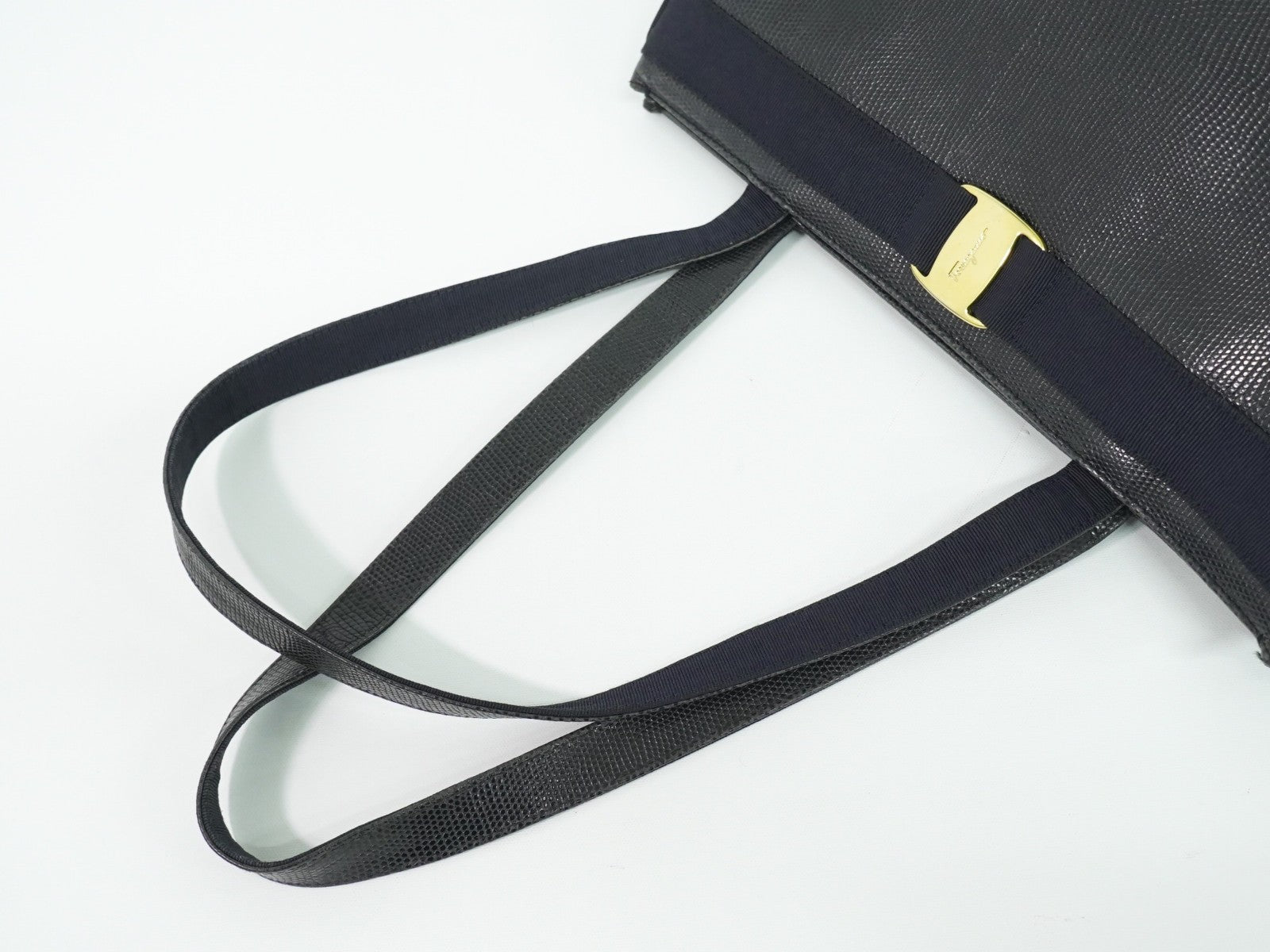 Salvatore Ferragamo Vintage Vara Bow Tote Lizard Embossed Leather Black Leather Tote Bag Bag (Pre-Loved)
