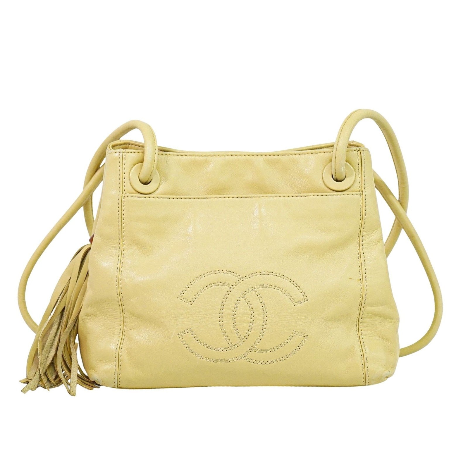 Chanel Vintage Cc Tassel Shoulder Bag Lambskin Beige Leather Shoulder Bag Bag (Authentic Pre-Loved)
